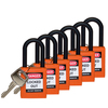 Brady-veiligheidshangsloten met een plastic beugel, Oranje, KD - Verschillende sloten, Nylon, 38.10 mm, 6 Stuk / Doos